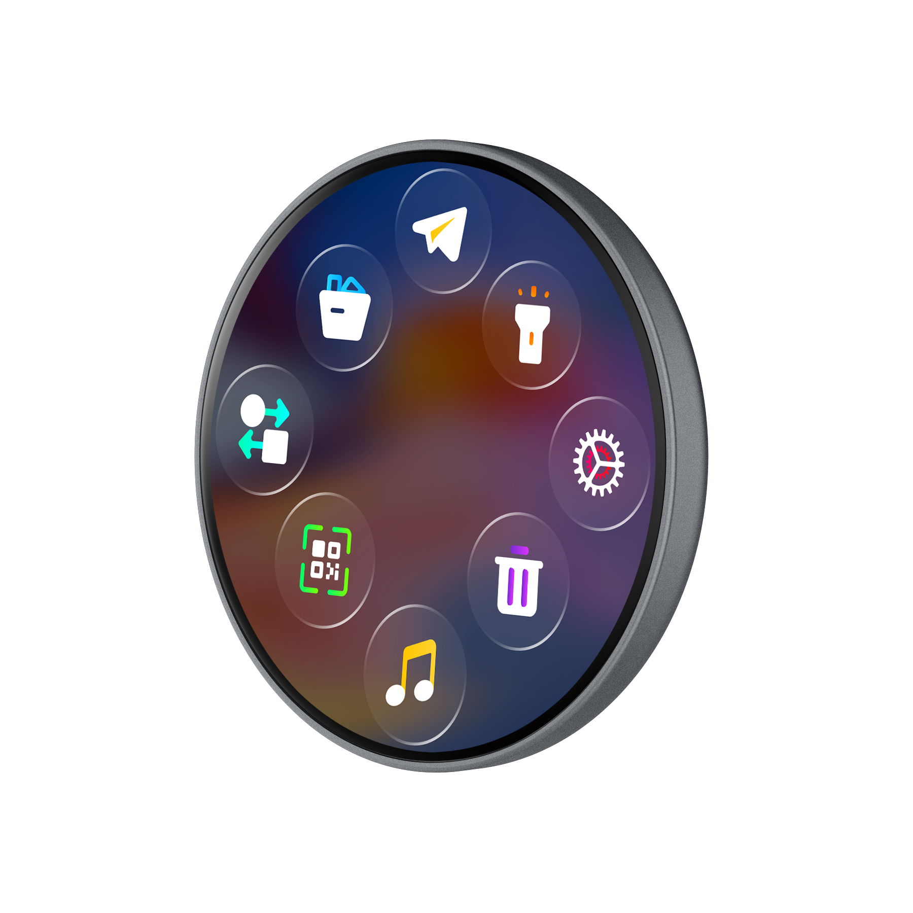 Grey smart e-badge product view with circular display interface.